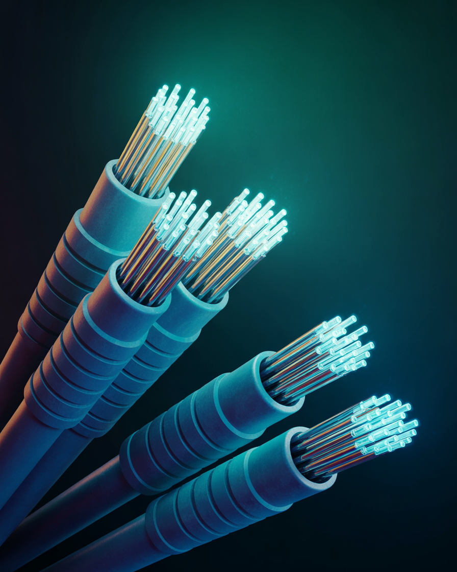 Editorial illustration of fiber optic cables glowing, representing rural connectivity