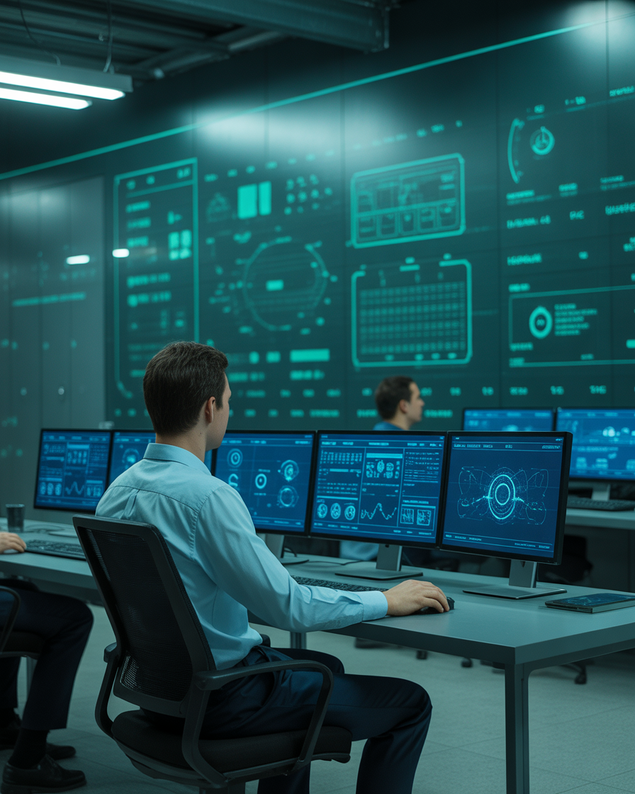 Futuristic network operations center with AI dashboards