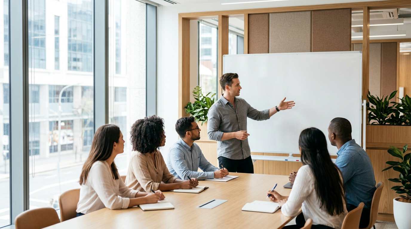 Employees attending a security awareness training session in a modern office