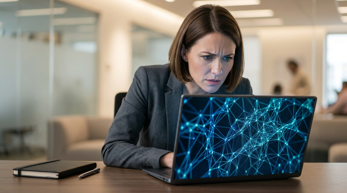 Employee reviewing suspicious email on laptop in a professional office setting